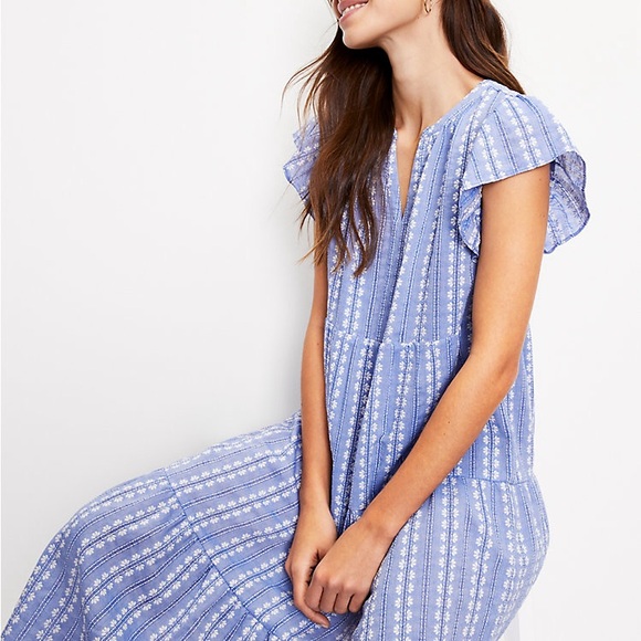 Loft Jacquard Tiered Flutter Sleeve Midi Dress sz XL - Picture 2 of 3